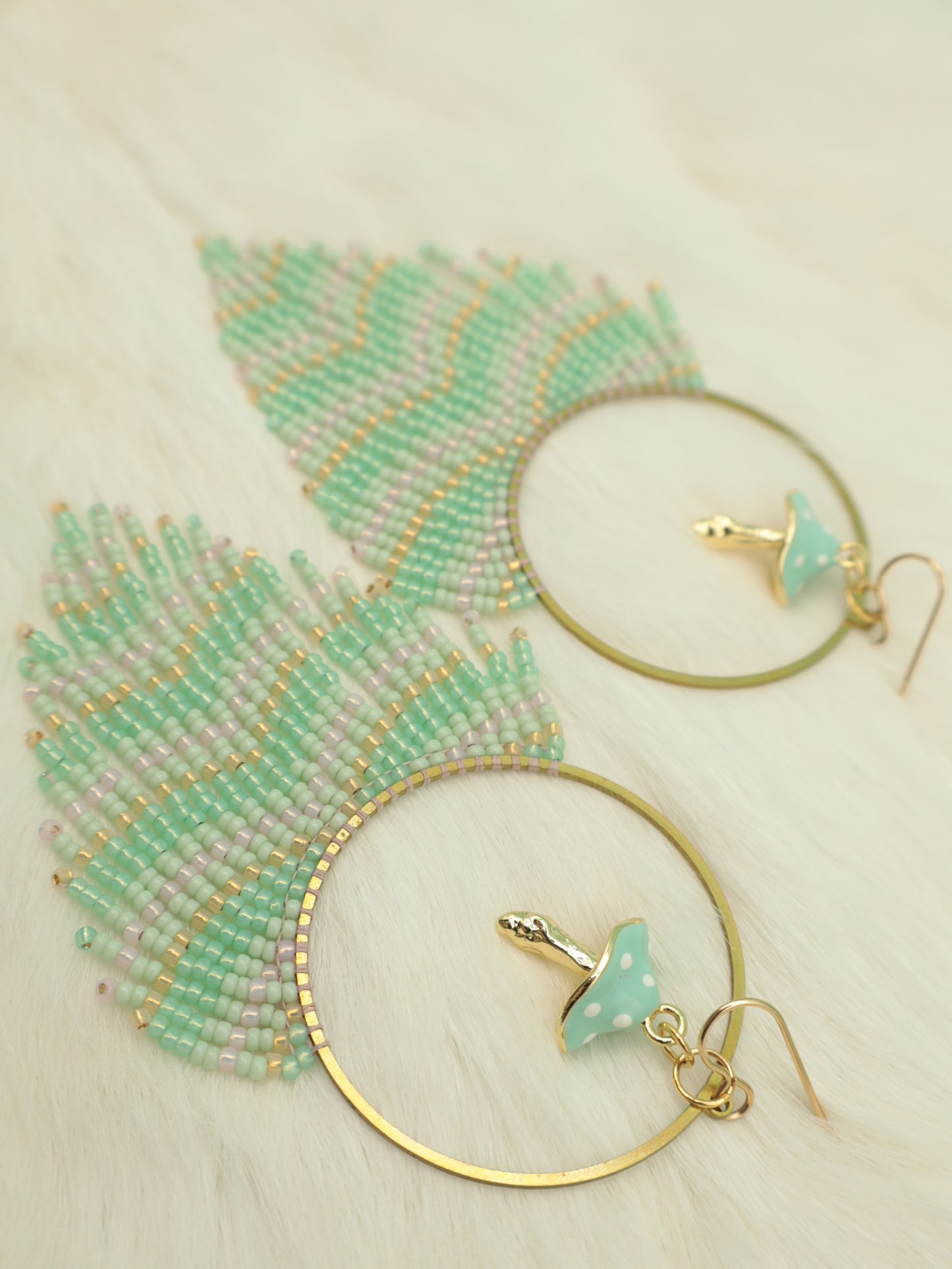 Mint Mushroom Beaded Fringe Earrings