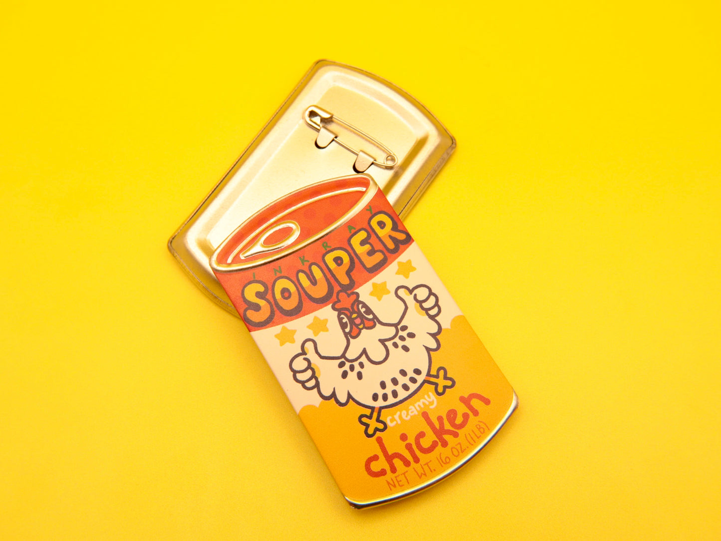 Chicken Souper Creamy Soup Tin Pin Badge 3"x1.75"