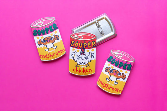 Chicken Souper Creamy Soup Tin Pin Badge 3"x1.75"
