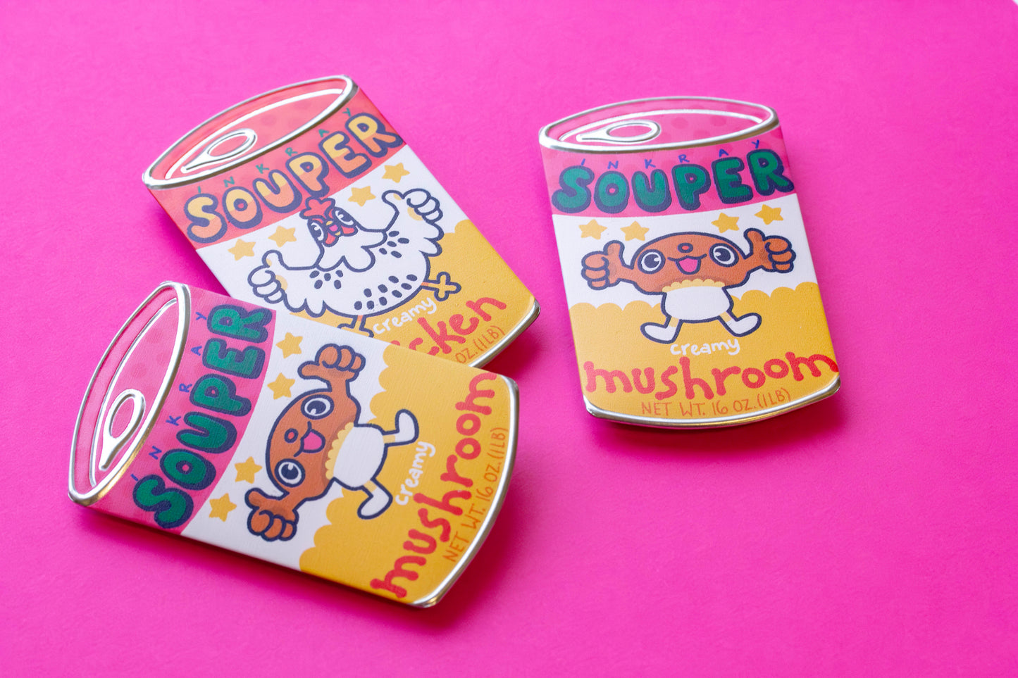 Mushroom Souper Creamy Soup Tin Pin Badge 3"x1.75"